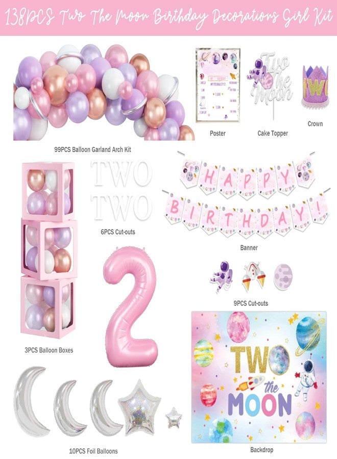 Fiesec Two The Moon Birthday Decorations Girl, 136 PCs Outer Space 2nd Party Decorations Backdrop Balloon Garland Arch Banner Cake Topper Box Cutout Crown Poster Astronaut Spaceman Rocket Pink - Image 2